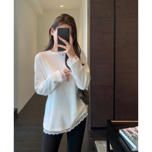 女长袖 AMR 时髦纯欲蕾丝拼接白色磨毛打底衫 设计感小众 T恤新