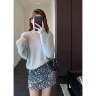 慵懒风保暖显瘦毛绒针织衫 氛围感 套头毛衣女上衣秋冬新 AMR
