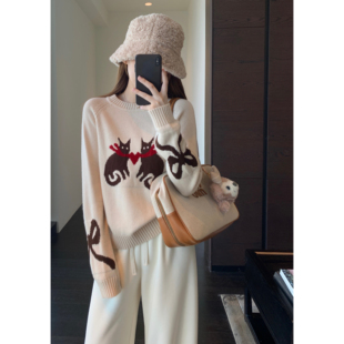 重工卡通提花慵懒显瘦保暖针织毛衣女秋冬新款 萌趣减龄 AMR