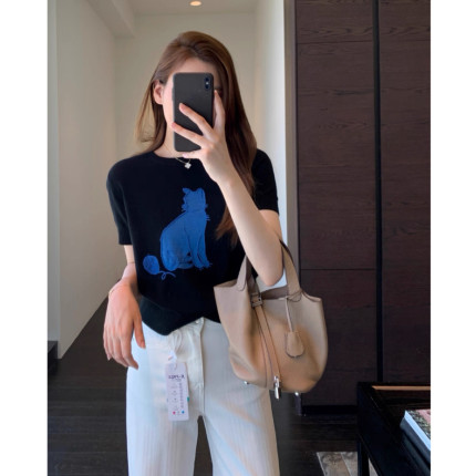 AMR UU◆一眼喜欢 萌宠减龄显瘦高品质提花针织短袖上衣女春夏新