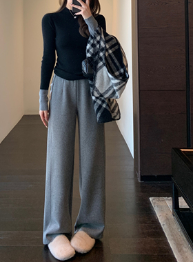 AMR UU◆重磅醋酸羊毛加绒加厚高腰白色窄版直筒阔腿裤女秋冬新款