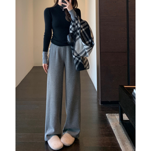 女秋冬新款 AMR 直筒阔腿裤 重磅醋酸羊毛加绒加厚高腰白色窄版