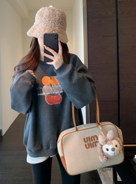 AMR UU◆设计感小众 慵懒风宽松灰色加绒加厚圆领卫衣女2025新款