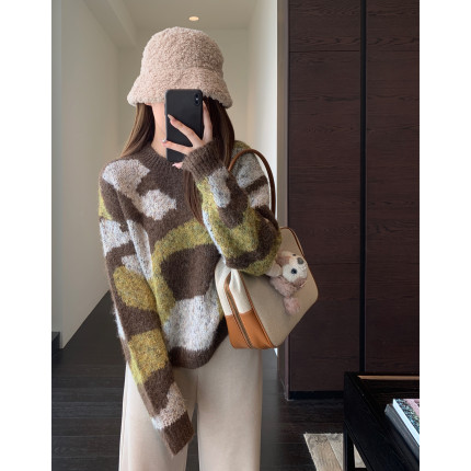 AMR UU◆设计感小众 时髦拼色绒感毛衣针织衫女上衣2025新款秋冬