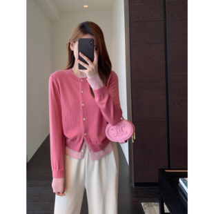 显白减龄时髦假两件粉色针织开衫 颜色好美 女外套秋冬新 AMR