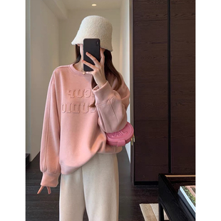 套头卫衣女秋冬新款 含羊毛桑蚕丝保暖舒适减龄显瘦厚短款 AMR