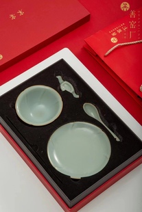 善窑厂善款餐具一盘一碗一汤勺李善明天青色汝窑汝瓷开片套组