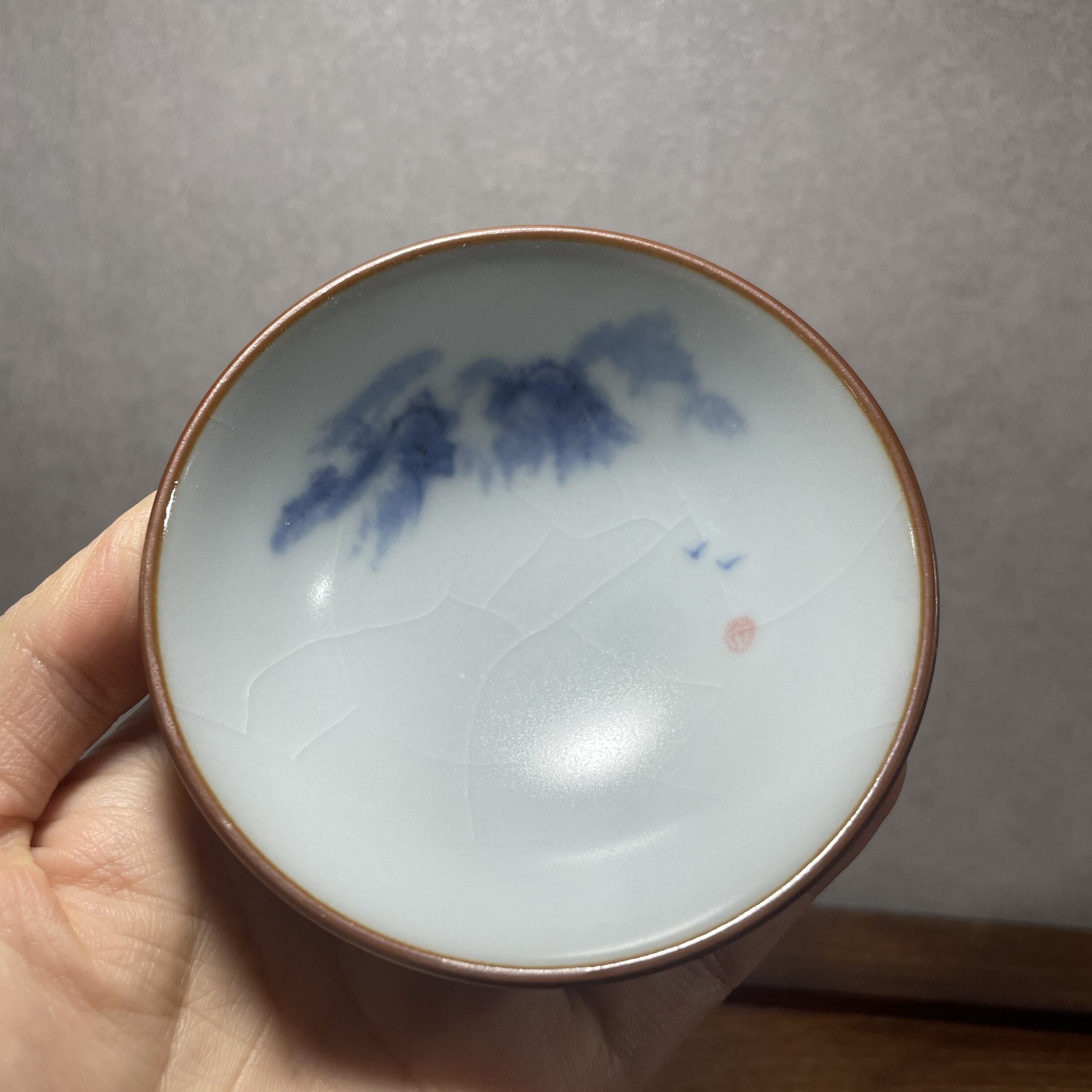 善窑厂李善明善款汝窑汝瓷手绘青花山水内画精工主人杯桂纶杯斗笠