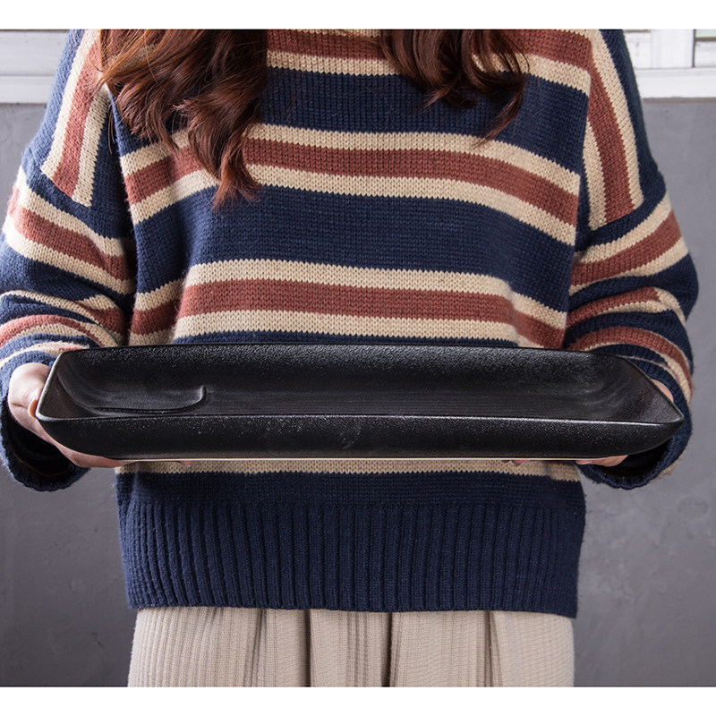 黑色磨砂日式陶瓷烧烤盘子商用长方形餐盘火锅菜盘餐馆烤肉盘碟子