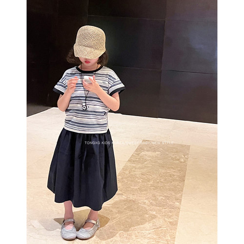 现货潼小乖定制可亲子女童夏季洋气套装条纹T恤半身裙子6q097