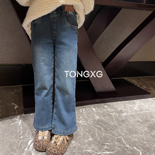 子5k030 微喇裤 潼小乖定制女童中大童休闲裤 子奥利绒蓝色牛仔裤