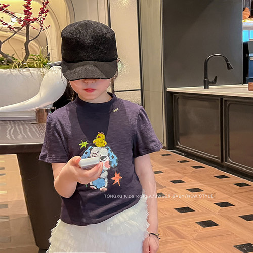 潼小乖| 可亲子| 春款女童藏青印花小狗T恤上衣打底6q034