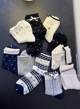 潼小乖定制甜美中筒袜黑白蝴蝶结可爱女童袜子春秋百搭棉袜5P013
