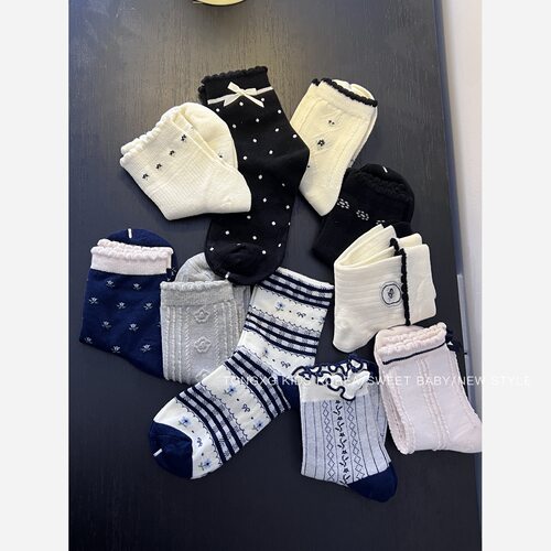 潼小乖定制甜美中筒袜黑白蝴蝶结可爱女童袜子春秋百搭棉袜5P013