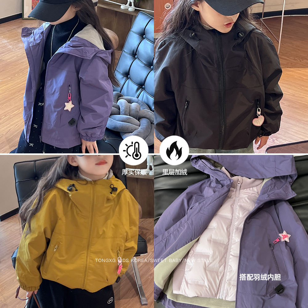 潼小乖定制女童冬款2025新款加绒外套三防冲锋衣日常款上衣5Q073