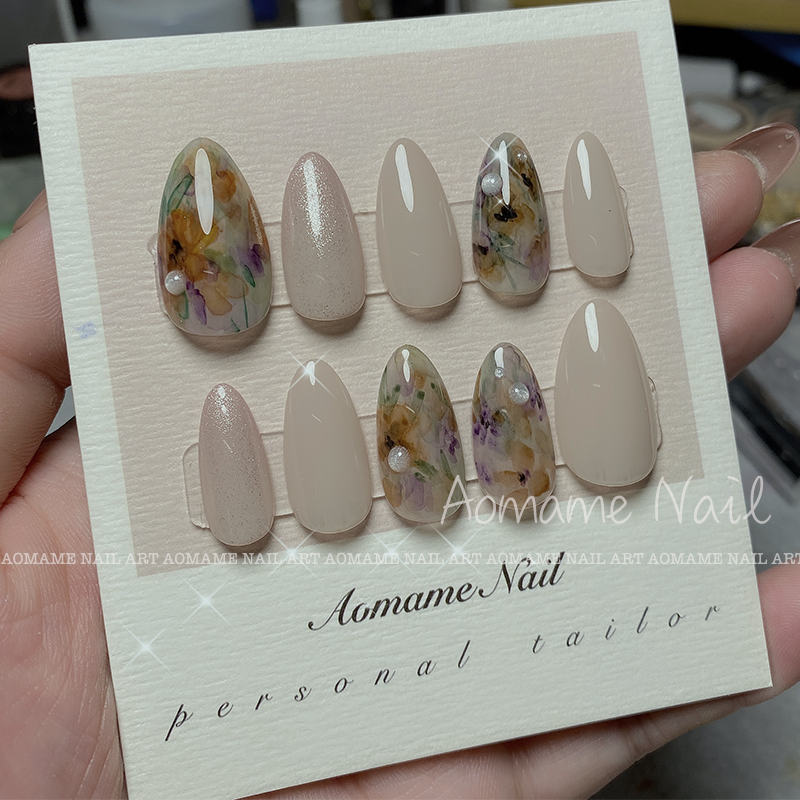 Aomame Nail手绘水彩插画日式手工定制美甲穿戴甲