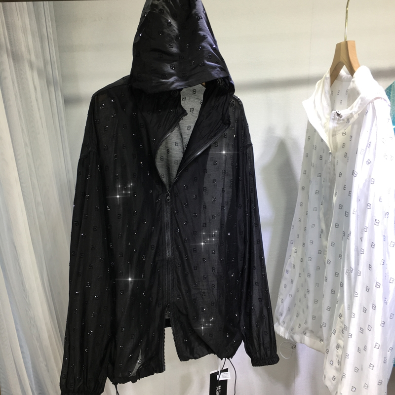 欧洲站欧货重工烫钻女轻薄透气风衣宽松中长款长袖防晒衫显瘦夏