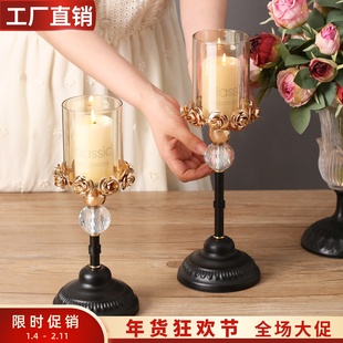 中古风轻奢黑色金属水晶玻璃玫瑰蜡烛台高脚欧式餐桌家用装饰摆件