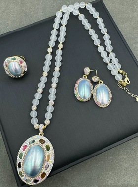 新款复古灰色马贝高级风毛衣链项链耳钉戒指套装中古宫廷风