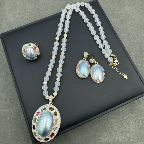 新款复古灰色马贝高级风毛衣链项链耳钉戒指套装中古宫廷风