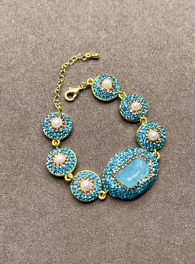 蓝色海蓝宝原石手链镶嵌时尚欧美跨境专供首饰