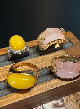 天然粉水晶双层开口戒指二代蜜蜡宫廷风复古高级vintage戒指跨境