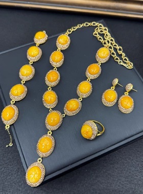 新款二代蜜蜡手工镶嵌夸张重工套装个性风中古高级满钻项链戒指