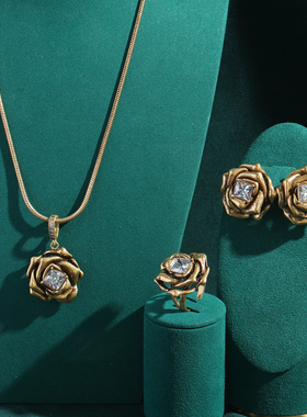 中古多层立体玫瑰花方锆石铜重工耳钉耳夹戒指vintage饰品