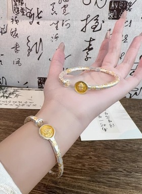 金黄财神吉言手镯新中式开口招财镯送女新年礼物百搭高级感戒指