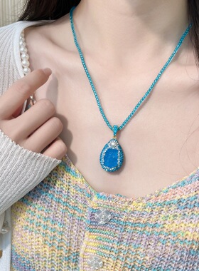 新款天然海蓝宝项链原石吊坠冰种天空蓝镶嵌珍珠简约气质水晶女