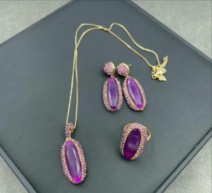 新款天然马来玉紫色红色镶嵌套装项链耳饰戒指中古首饰三件套