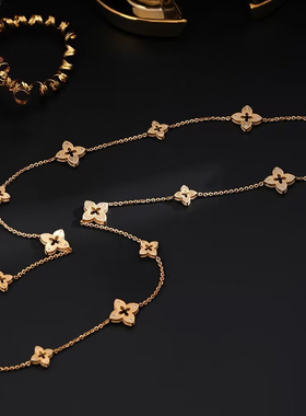 高版本真金电镀 老花菱形四叶草镂空十字花白贝壳毛衣链气质项链