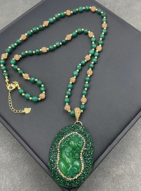 新款貔貅项链毛衣链戒指套装绿色外贸款镶嵌捷克石925银镀金