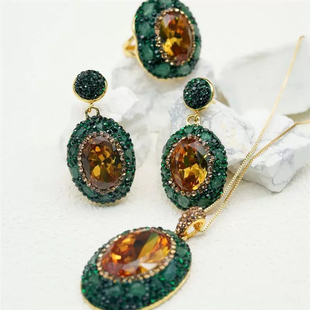 土耳其苏丹石变色石镶嵌东陵石戒指项链欧美个性轻奢光感石三件套