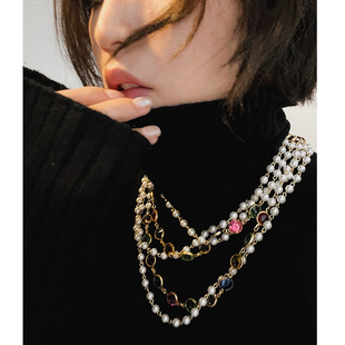 复刻高级感中古多层链条琉璃珍珠项链法式重工彩宝5层镂空毛衣链