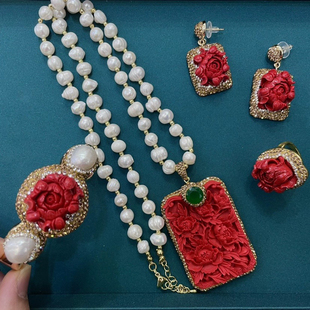 红色朱砂淡水珍珠项链戒指耳环手镯牡丹国风首饰套装 女友闺蜜礼物