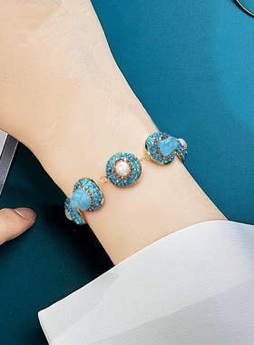 重工海蓝宝手链复古天然石满钻镶嵌手链气质配饰