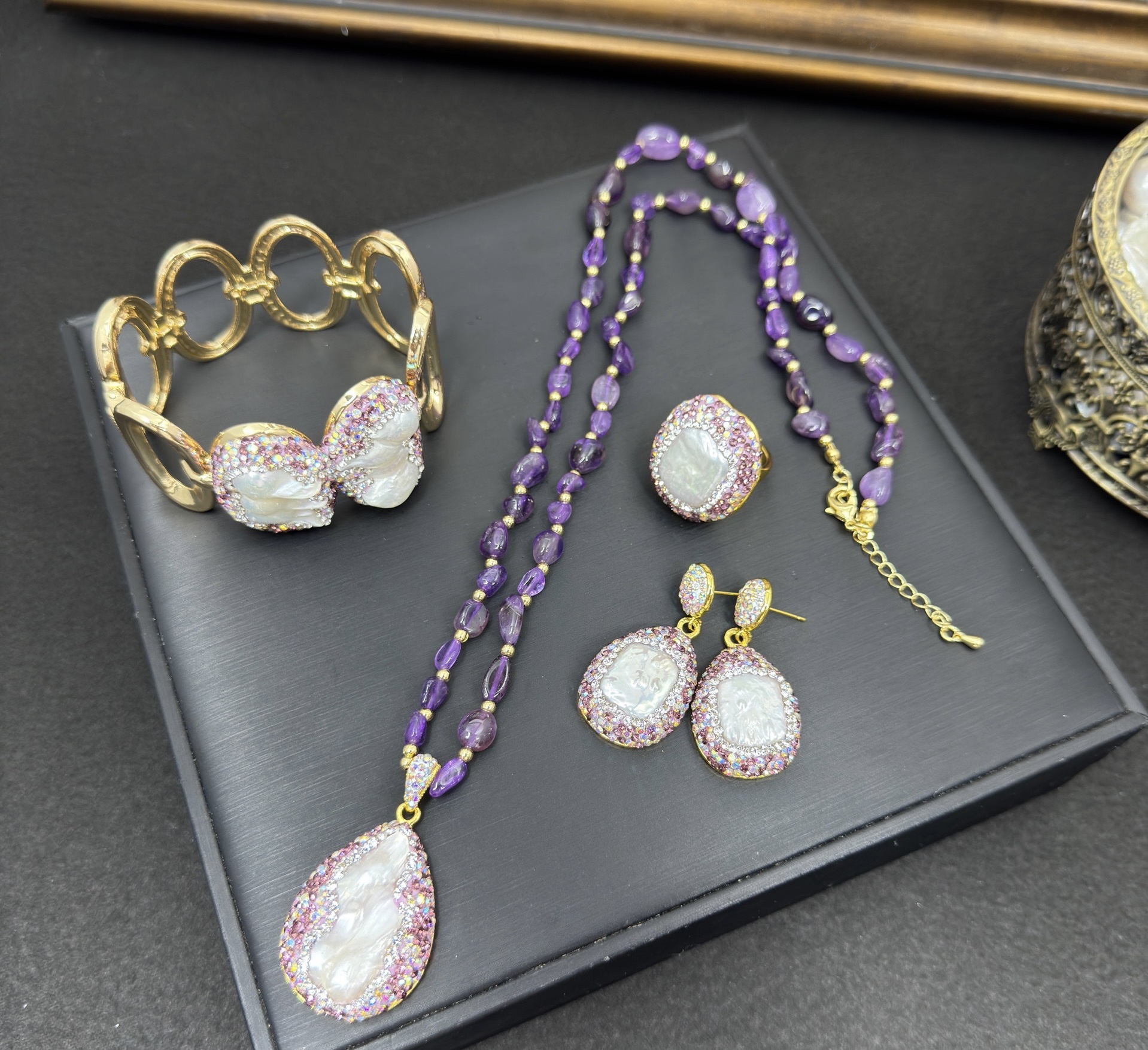 新品直播款天然原石紫水晶四件套镶嵌满钻个性饰品毛衣链