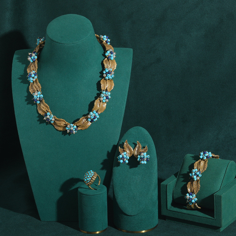 中古首饰套装高级感小众设计师树叶绿松石铜项链手链耳环戒指