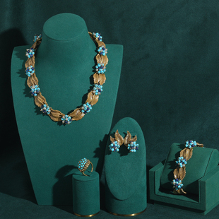 中古首饰套装高级感小众设计师树叶绿松石铜项链手链耳环戒指