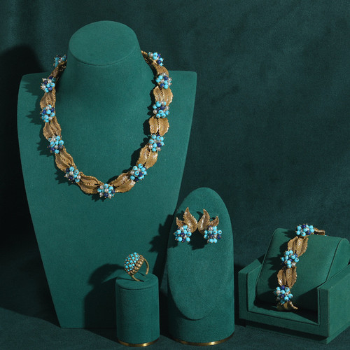 中古首饰套装高级感小众设计师树叶绿松石铜项链手链耳环戒指