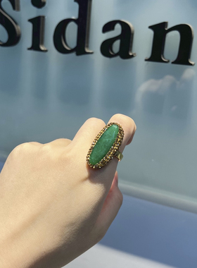 新款天然马来玉戒指 个性复古祖母绿玉石戒指 手工镶钻指环保色
