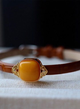 天然老蜡方形表盘吊坠两用款s925纯银镀金鸡油黄蜜蜡手链