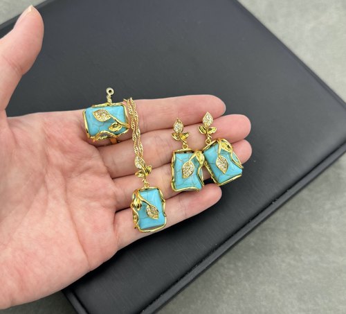 新款松石树叶镶嵌套装高级感项链个性小众饰品项链耳饰戒指三件套