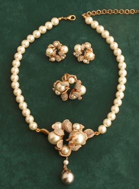 复古重工花朵镶钻琉璃珍珠首饰套装女士宫廷风高档宴会项链耳钉