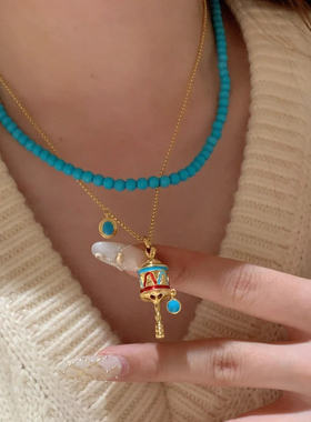 新中式蓝色珐琅转径筒绿松石项链2025新款气质轻奢锁骨链藏族饰品