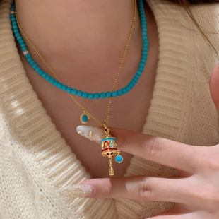 新中式蓝色珐琅转径筒绿松石项链2025新款气质轻奢锁骨链藏族饰品