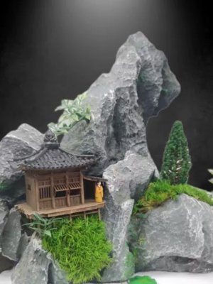 中式桌面装饰摆景 深山隐居假山石盆景 居室玄关书房古代建筑摆件