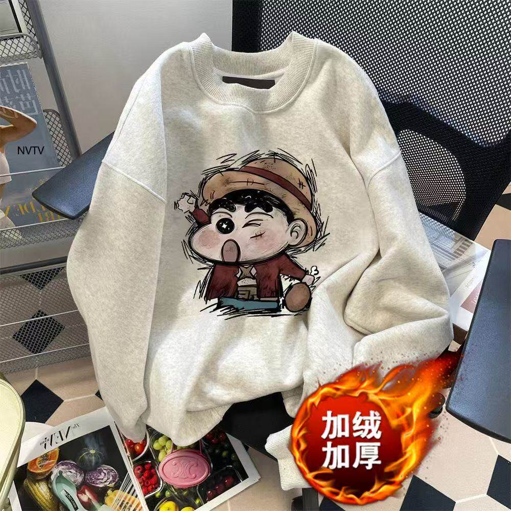 秋冬宽松圆领卫衣欧美潮牌个性卡通印花保暖男士加绒加厚长袖上衣