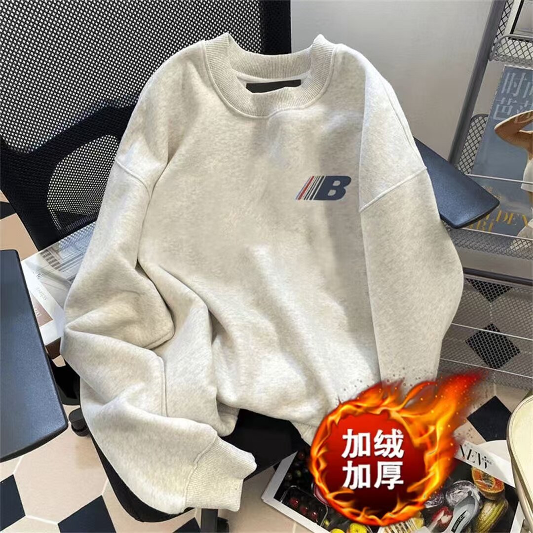 韩版复古休闲痞帅字母印花圆领卫衣春秋季加绒加厚保暖长袖上衣男